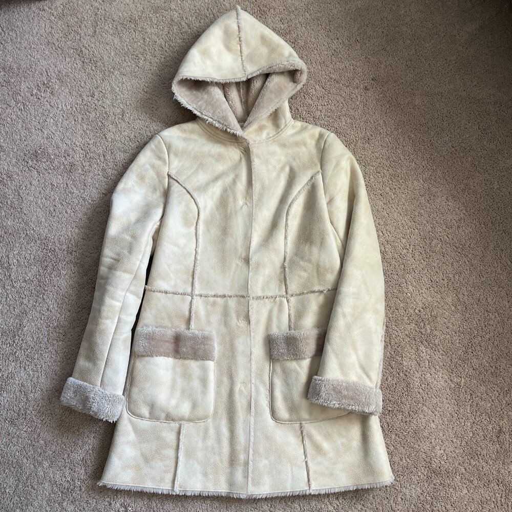 Vintage Inspired Penny Lane Faux Leather Fur Lined MidLength Hooded Coat Size XS